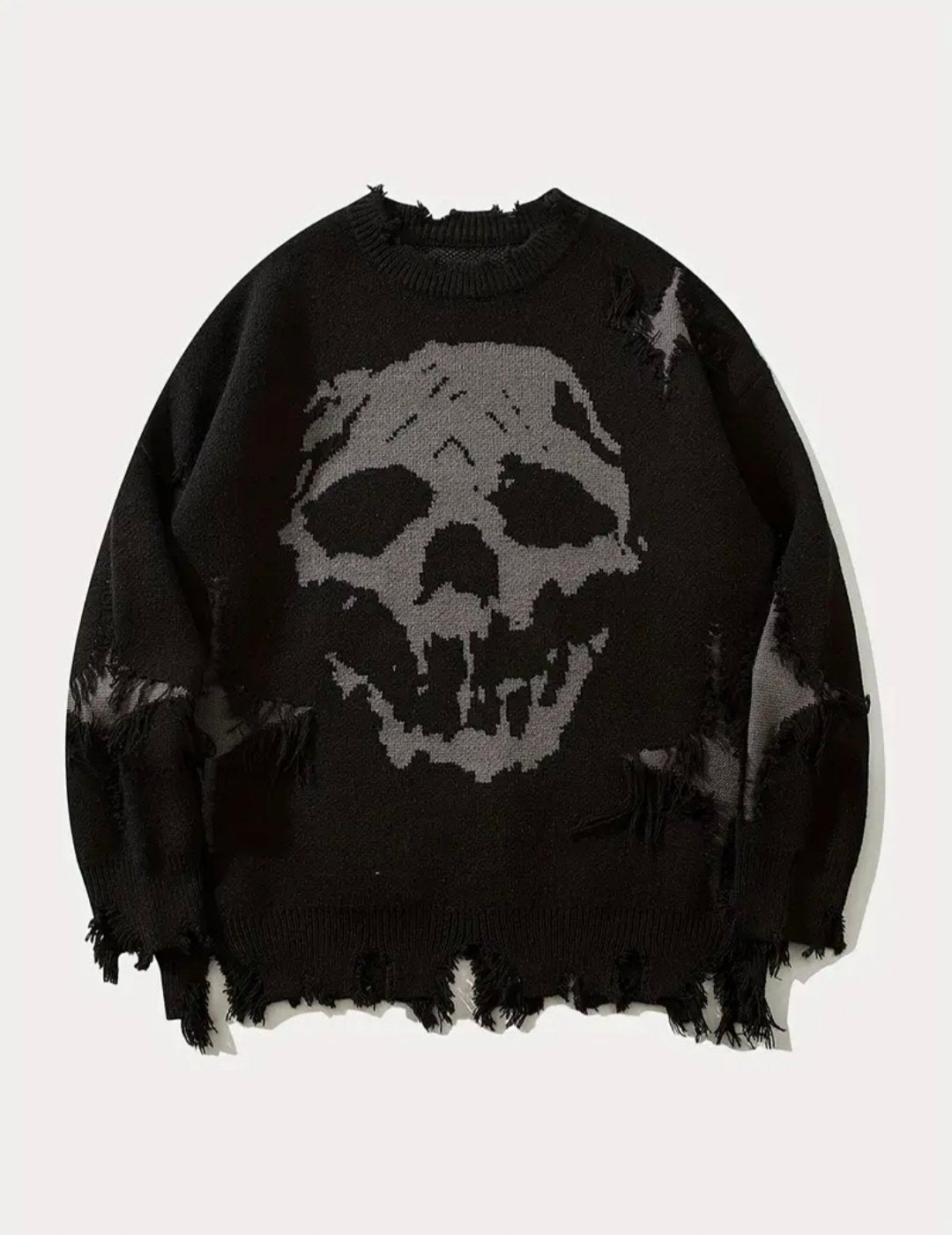 Skull hole tassel sweater men's autumn and winter trendy brand design sweater