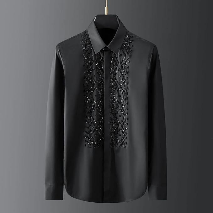 【50%OFF+ FREE SHIPPING】Handmade Black Elegant Geometric Metal Stone Beaded Sewing Men's Long Sleeve Shirt